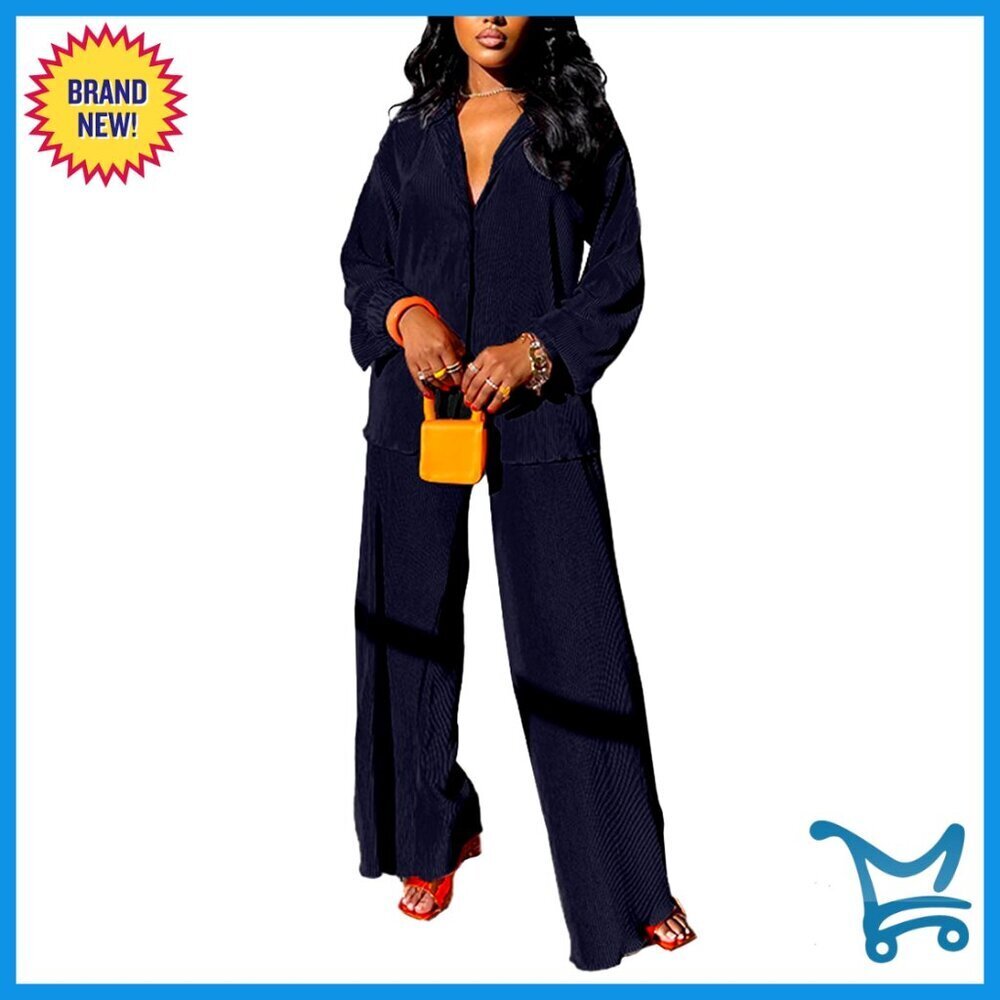 Linen Button Down Shirt Flare Pleated Wide Leg Pants Set Streetwear Y2K